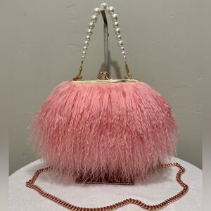 Pink Real Mongolian Lamb Fur Handmade Kisslock Wristlet/Shoulder Bag/Crossbody